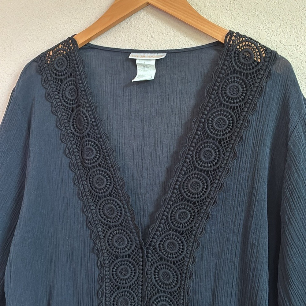 LA BLANCA XL Black Cotton Lace Trim Longline Swim Cover Beach Resort Summer - Picture 3 of 14